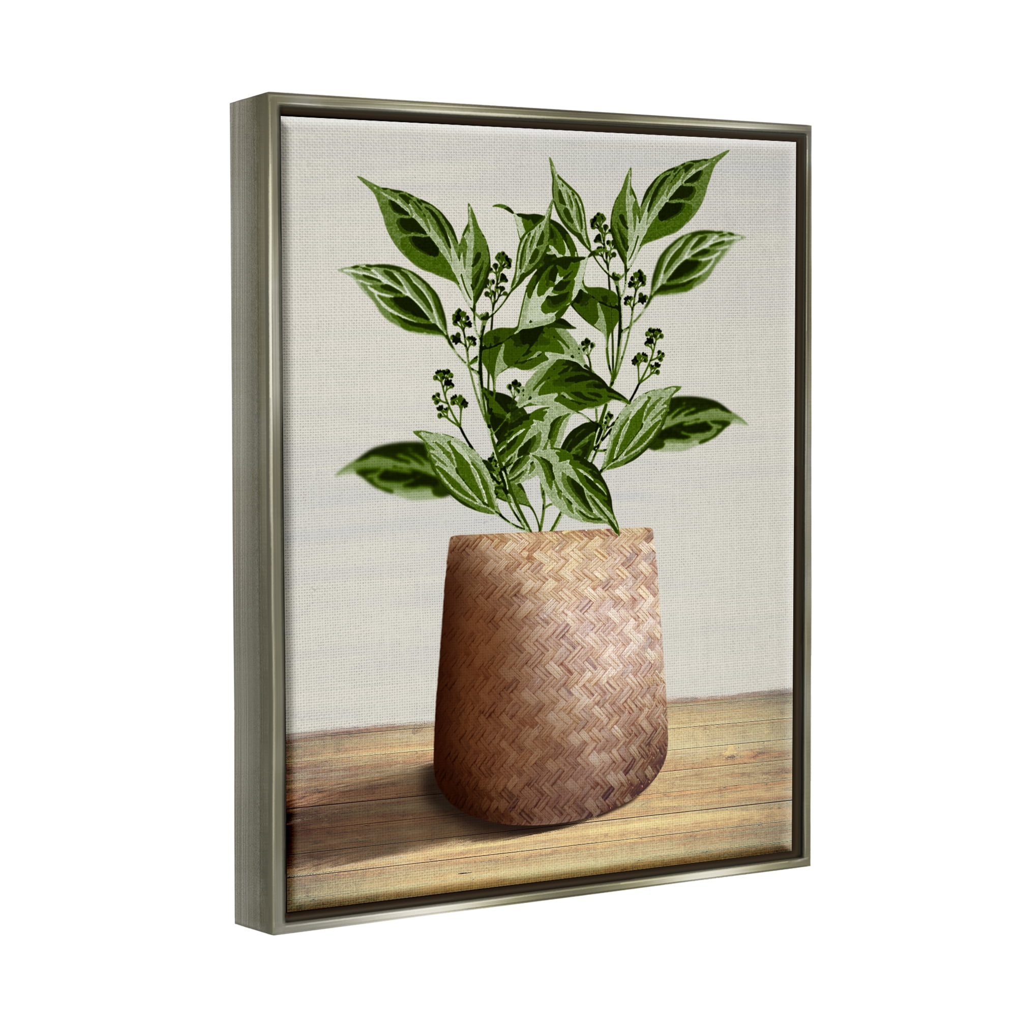 Stupell Industries Plant in Woven Planter Botanical & Floral Painting Gray Floater Framed Canvas Art Print Wall Art, 25 x 31