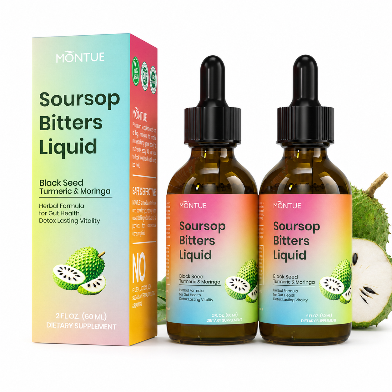 Montue Soursop Bitters Liquid – 16-in-1 Herbal Blend with Black Seed, Moringa, Irish Moss, Turmeric & Ashwagandha for Gut Cleanse & Immune Support, 4 fl oz