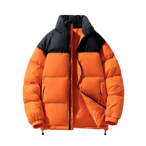Men’s Winter Down Jacket Thick Warm Stand Collar Solid Color Insulated Puffer Coat Zip Up Color Block Ski Bubble Jacket for Cold Weather