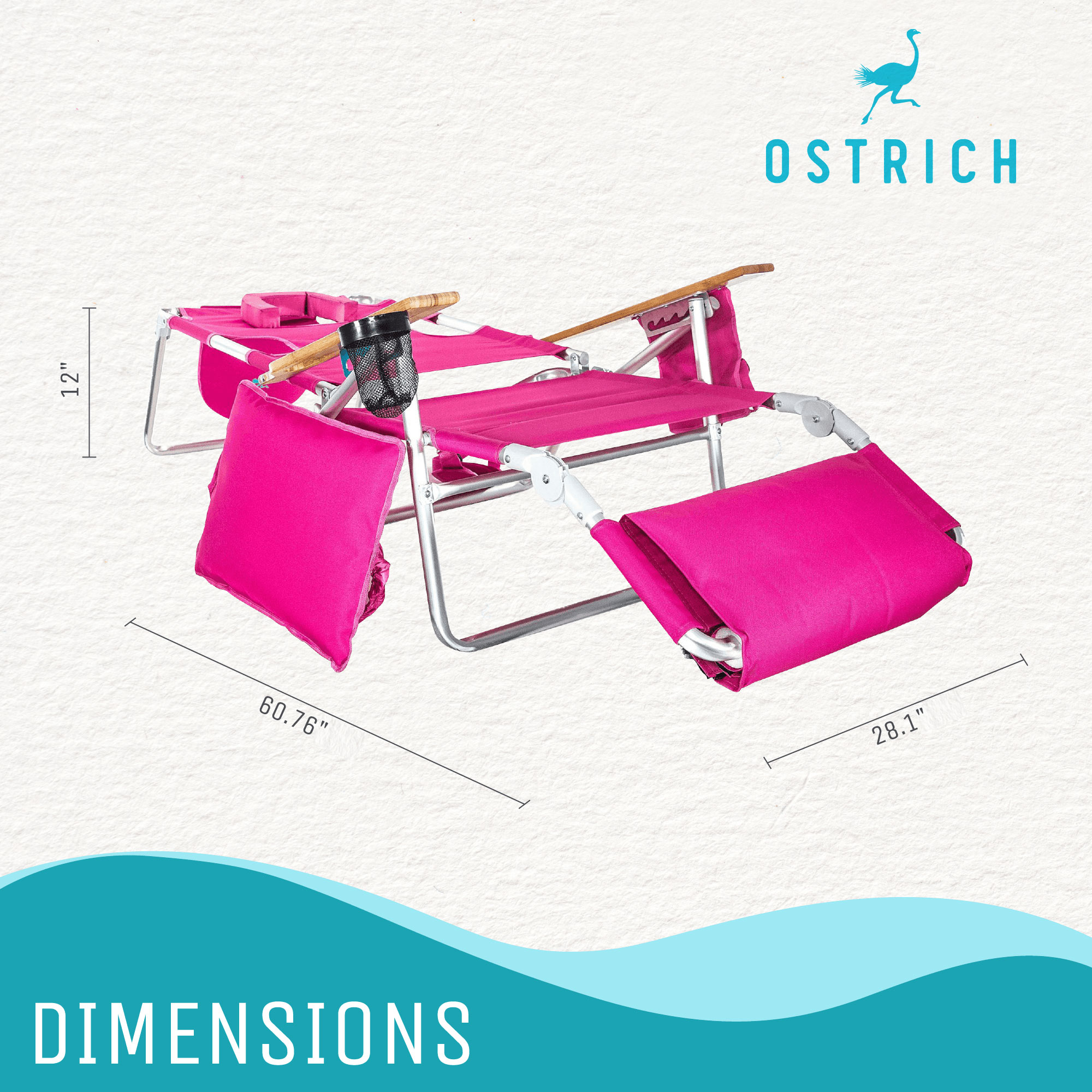 Ostrich Deluxe 3N1 Lightweight Outdoor Beach Lounge Chair w/Footrest, Pink - image 2 of 9