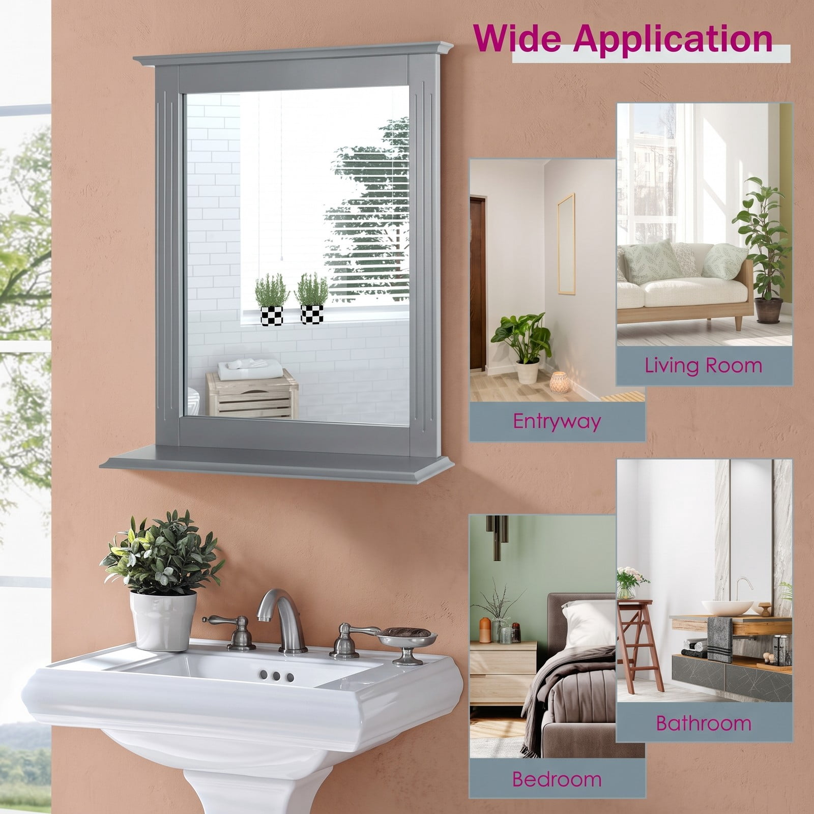 ALPULON Wall-Mounted Multipurpose Vanity Mirror with Shelf, MDF Framed Bathroom Wall Mirror with Storage Shelf for Entryway Bedroom Living Room Hotel, 22.5 x 27, Gray