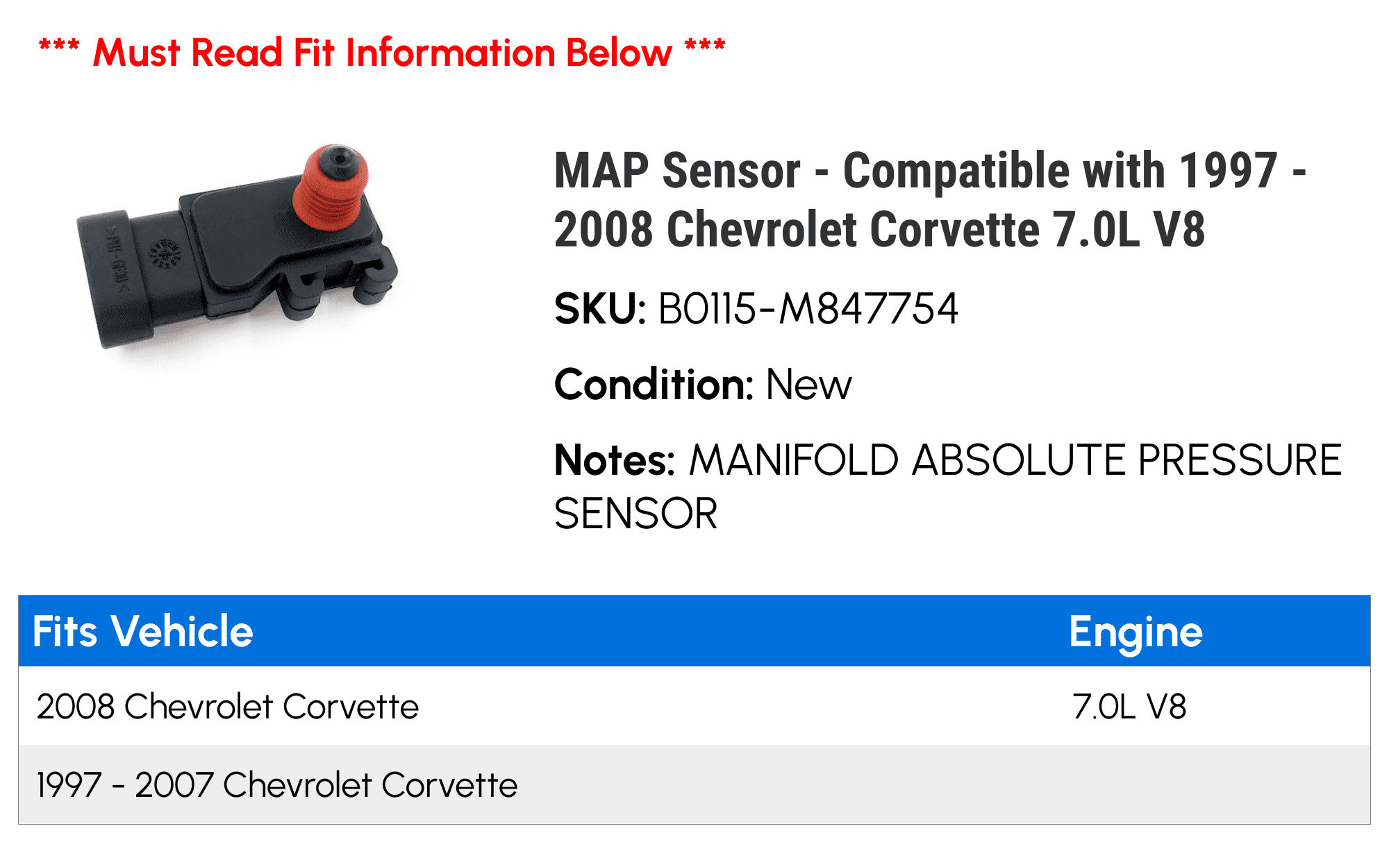 MAP Sensor - Compatible with 1997 - 2008 Chevy Corvette 7.0L V8 1998 1999 2000 2001 2002 2003 2004 2005 2006 2007