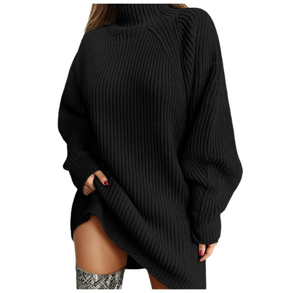 HNMKIU Knitted Sweater Dress Long Sleeve Mid Length Turtleneck Pullover Tunic Fall Dresses for Women Casual Comfortable 2-Black,XXXL