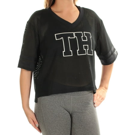 Ladies Tommy Hilfiger Sleepwear Top TOMMY HILFIGER Womens Black Sheer Logo Short Sleeve V Neck Active Wear Top Size: XL ()