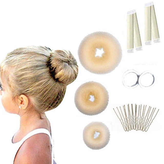 Juego de 17 piezas para hacer moños en forma de donut, 3 piezas para hacer moños en forma de donut, 2 piezas de rizadores para el cabello, 10 piezas de horquillas para el cabello, 2 piezas de cintas