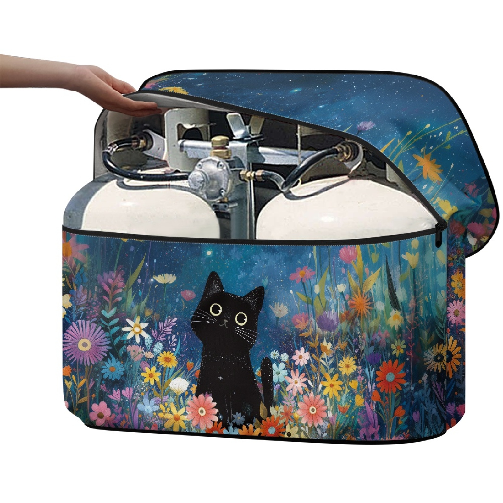 Yuyamidu Cute Black Cat RV Propane Tank Cover Colorful Flowers Double 20 lb Propane Tank Cover for Camper Trailer, Waterproof Trailer Travel Accessories