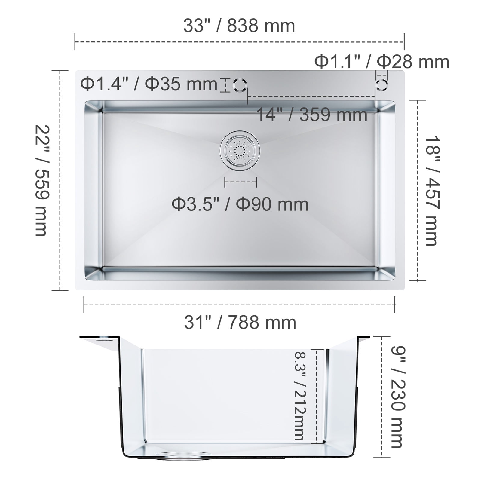 BENTISM 33" x 22" Kitchen Sink Top Mount Single Bowl Basin Stainless Steel Kitchen Bar