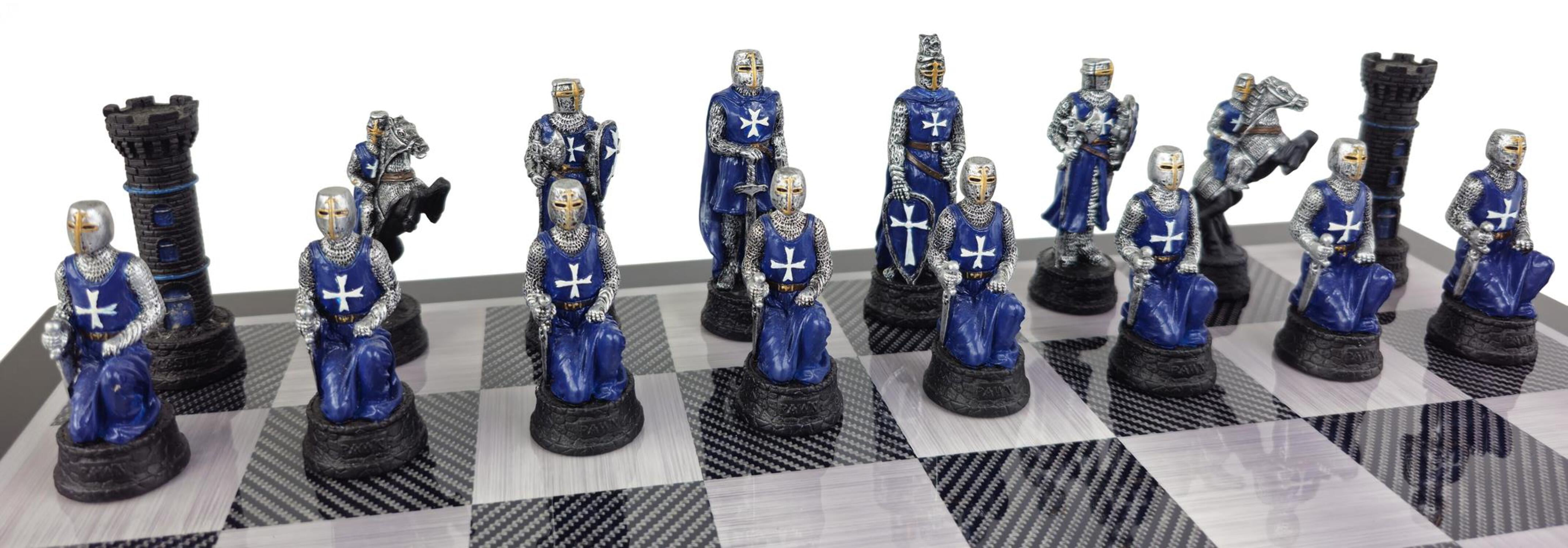 Medieval Times Crusade Blue White Maltese Cross Chess Set Carbon Fiber Color Bd