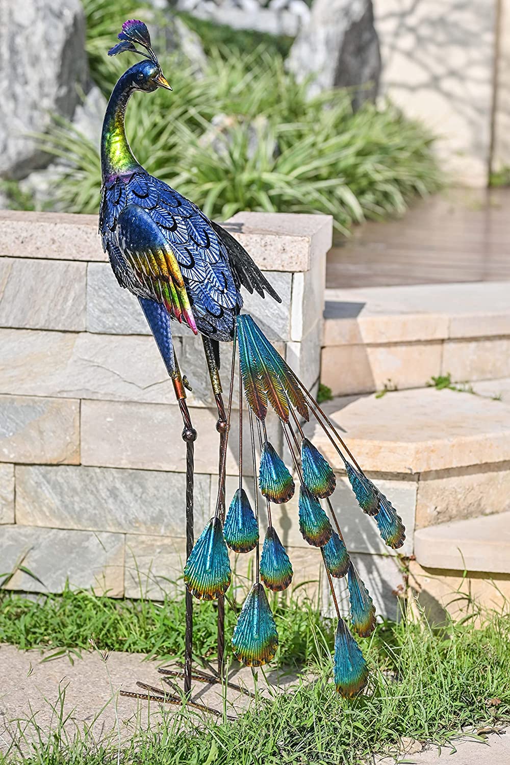 Teresa's Collections 35.04''H Large Peacock Garden Sculpture & Statue for Outdoor Decor Sturdy Metal Yard Art for Garden Decor Tall Blue Lawn Ornament for Party Patio Lawn Decor