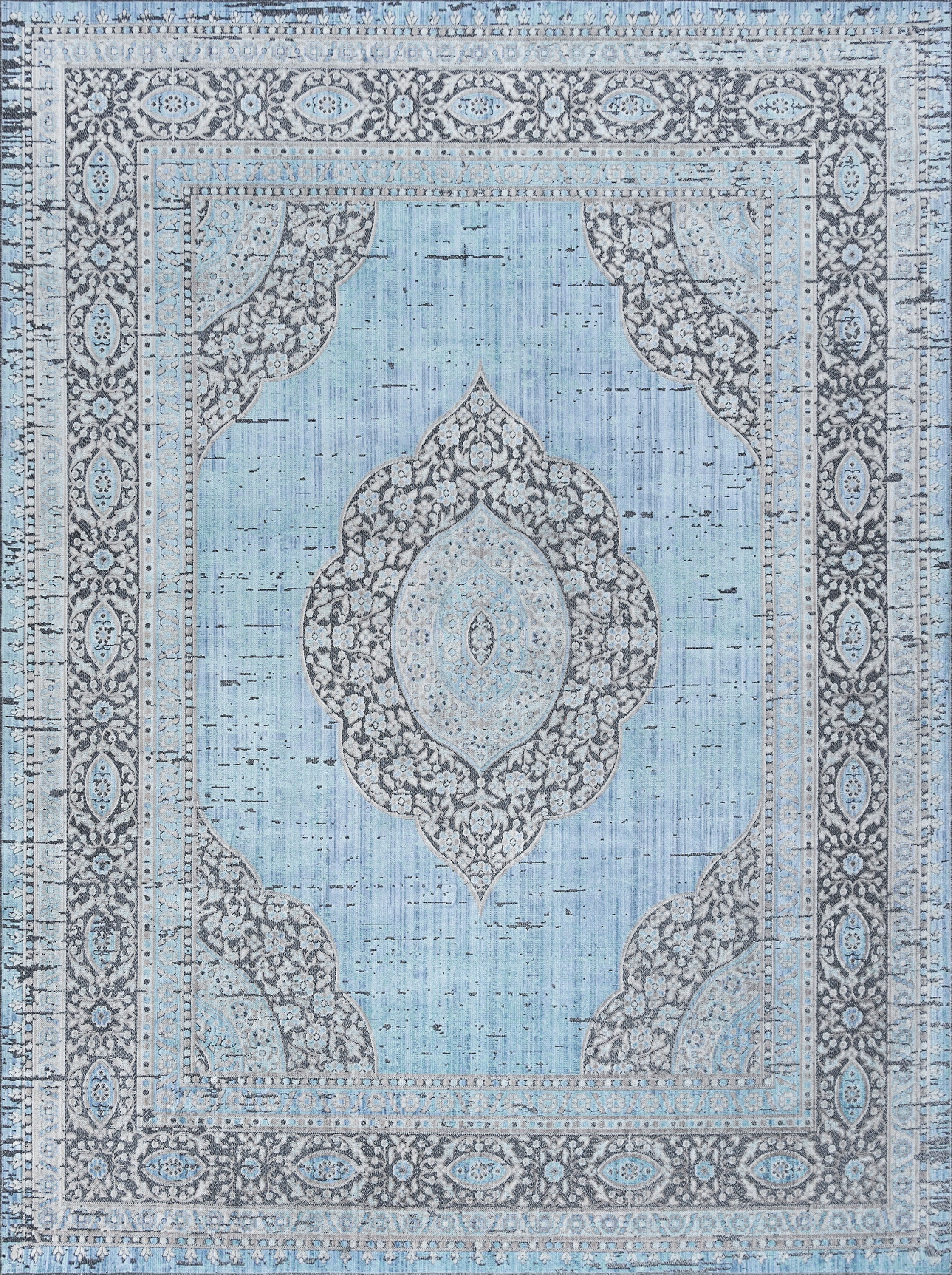 Traditional 8x10 Area Rug (7'10'' x 10'3'') Medallion Aqua, Cream Living Room Easy to Clean