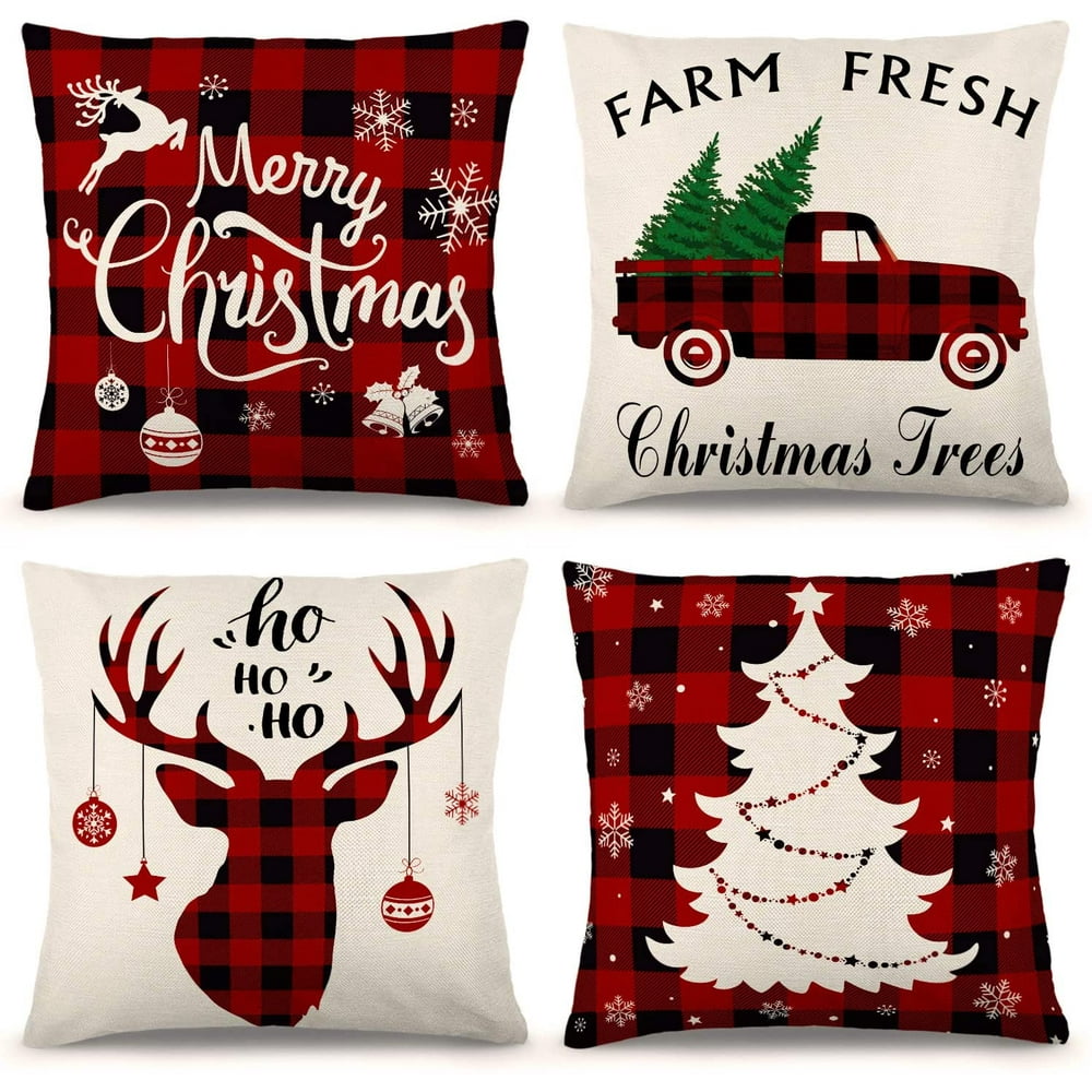 JoyX Christmas Pillow Covers 18×18 Inch Set of 4 Farmhouse Black and