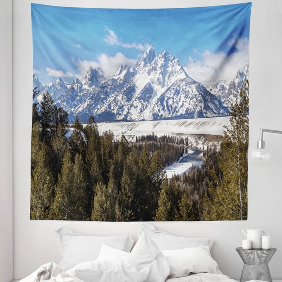 Wyoming Tapestry, Magnificent Landscape of the Grand Teton Snowy and Cloudy Peaks with Trees, Fabric Wall Hanging Decor for Bedroom Living Room Dorm, 5 Sizes, Green Multicolor, by Ambesonne