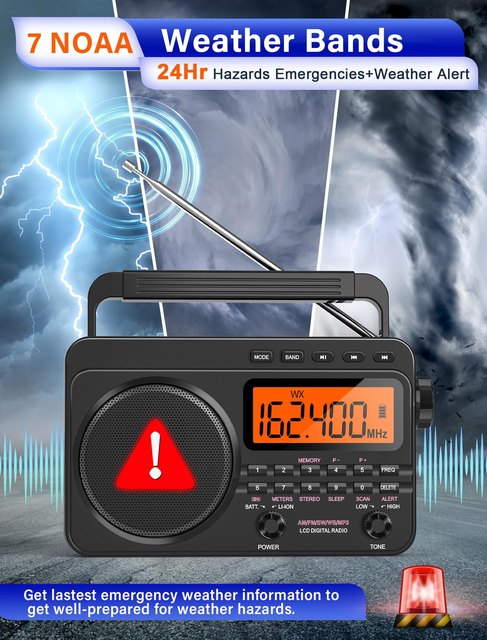 Greadio Portable AM FM Radio, Weather Radio with 4000mAh Rechargeable battery for Outside, Home