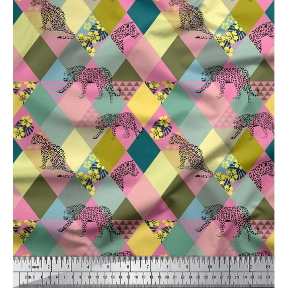 Soimoi Poly Georgette Fabric Leopard & Argyle Patchwork Decor Fabric Printed Yard 52 Inch Wide