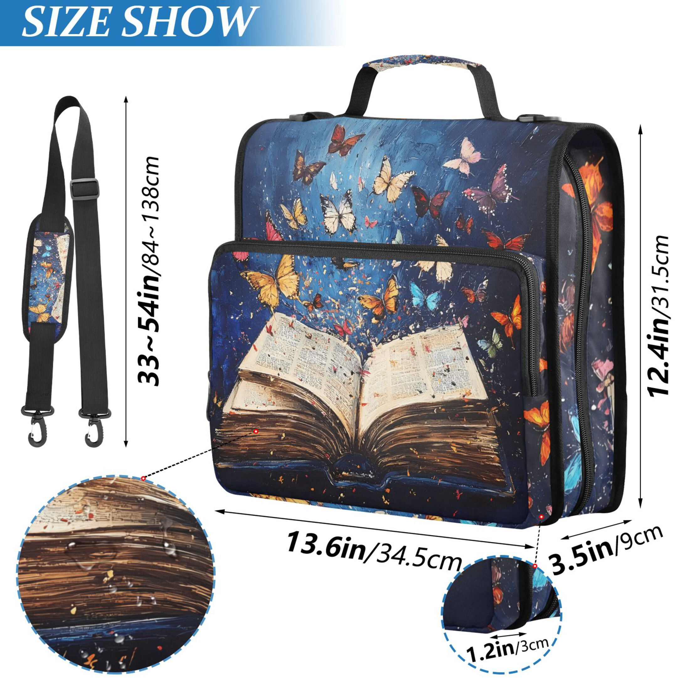 3 Ring Zipper Binder with Shoulder Strap Waterproof Trapper Keeper 2 Inch D-Ring 500 Sheets Capacity Colorful Butterflies Fly on Book