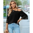 thumbnail image 4 of Women'S Cold Shoulder Mesh Panel 3/4 Bell Sleeve Casual Top Blouse Shirt Black S, 4 of 8