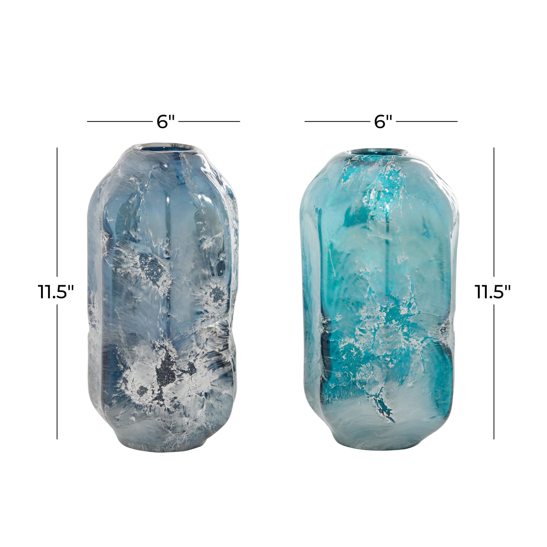 DecMode 12", 11"H Handmade Blown Blue Glass Vase, Set of 2