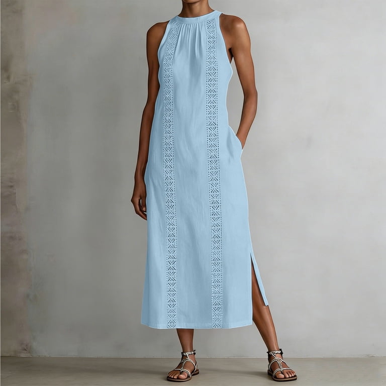 Puliio Summer Dresses for Women Sleeveless Halter Neck Lace Loose Midi Solid Casual Work Dress, Women's, Size: 3XL, Blue