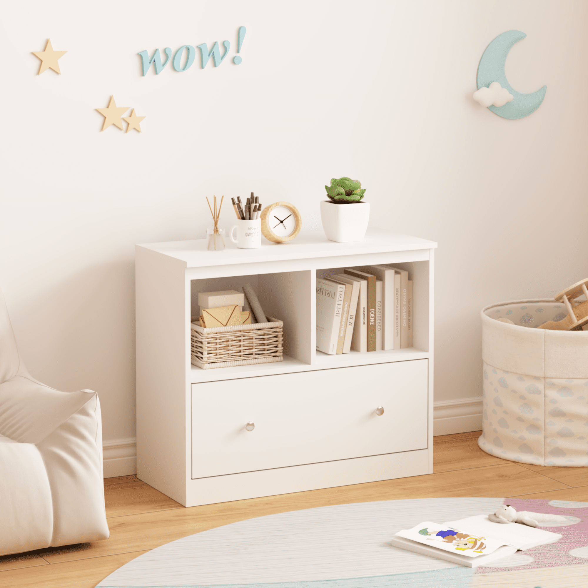 Kids Furniture Kids Toy Storage Organizer with Large Drawer, Low Bookshelf for Nursery & Playroom, Wooden Kids Cabinet for Books and Toys, White,Baby Furniture
