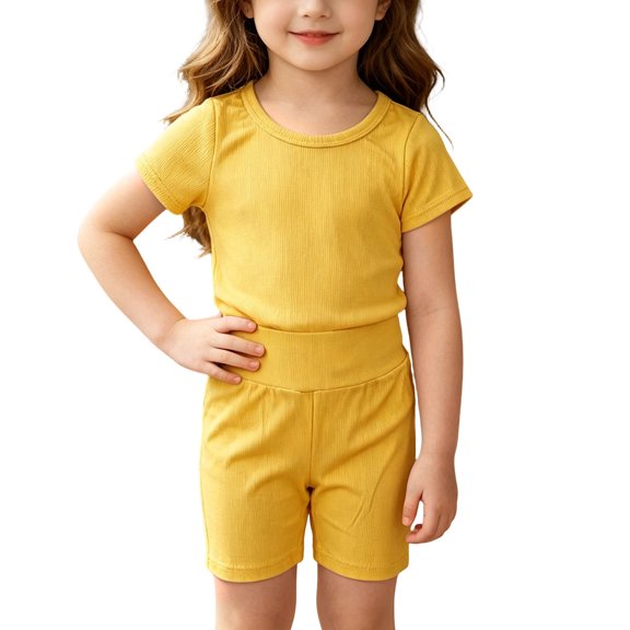 Diufon 2 Piece Casual Outfits for Little Girls Solid Color Cute Clothes Short Sleeve Shorts Sets Outdoor Sport Homewear