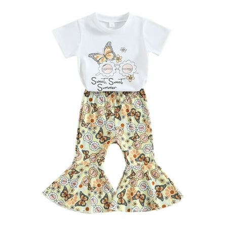 

Toddler Baby Girl Outfits Short Sleeve T-Shirt Flared Bell Bottom Pants Set 1-5T
