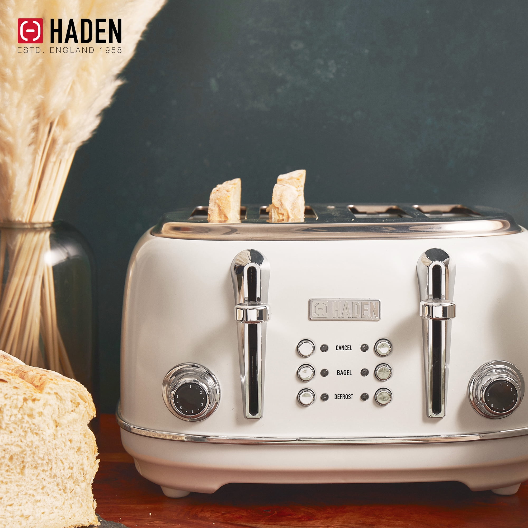 Open Box Haden Heritage 4 Slice Wide Slot Stainless Steel Body Retro Toaster