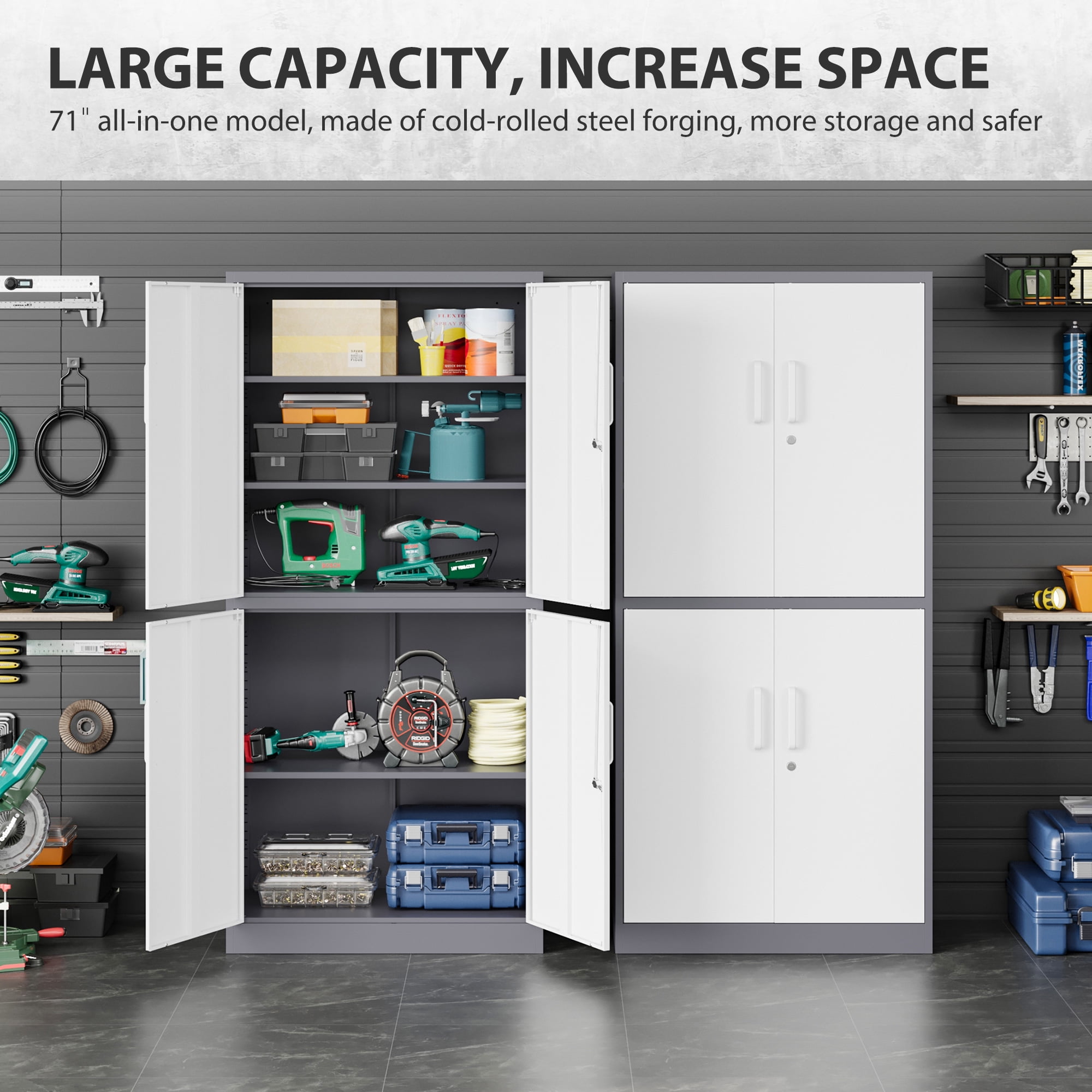 Fesbos Metal Storage Locking Cabinet with 4 Doors and 3 Adjustable Shelves,71" Lockable Steel Tall Garage Cabinet for Home Office,Living Room,Pantry,Gym