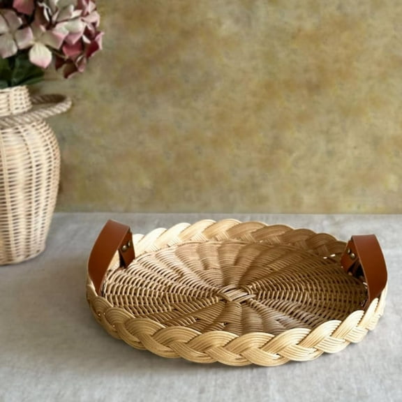 Cane Rattan Serving Tray, Rattan Food Serving Tray with Handles, Wicker Round Webbing Platter, 12 "W x 3 "H x 12 "D, Mid Centruy Modern Decoration for Livingroom Bedroom Diningroom