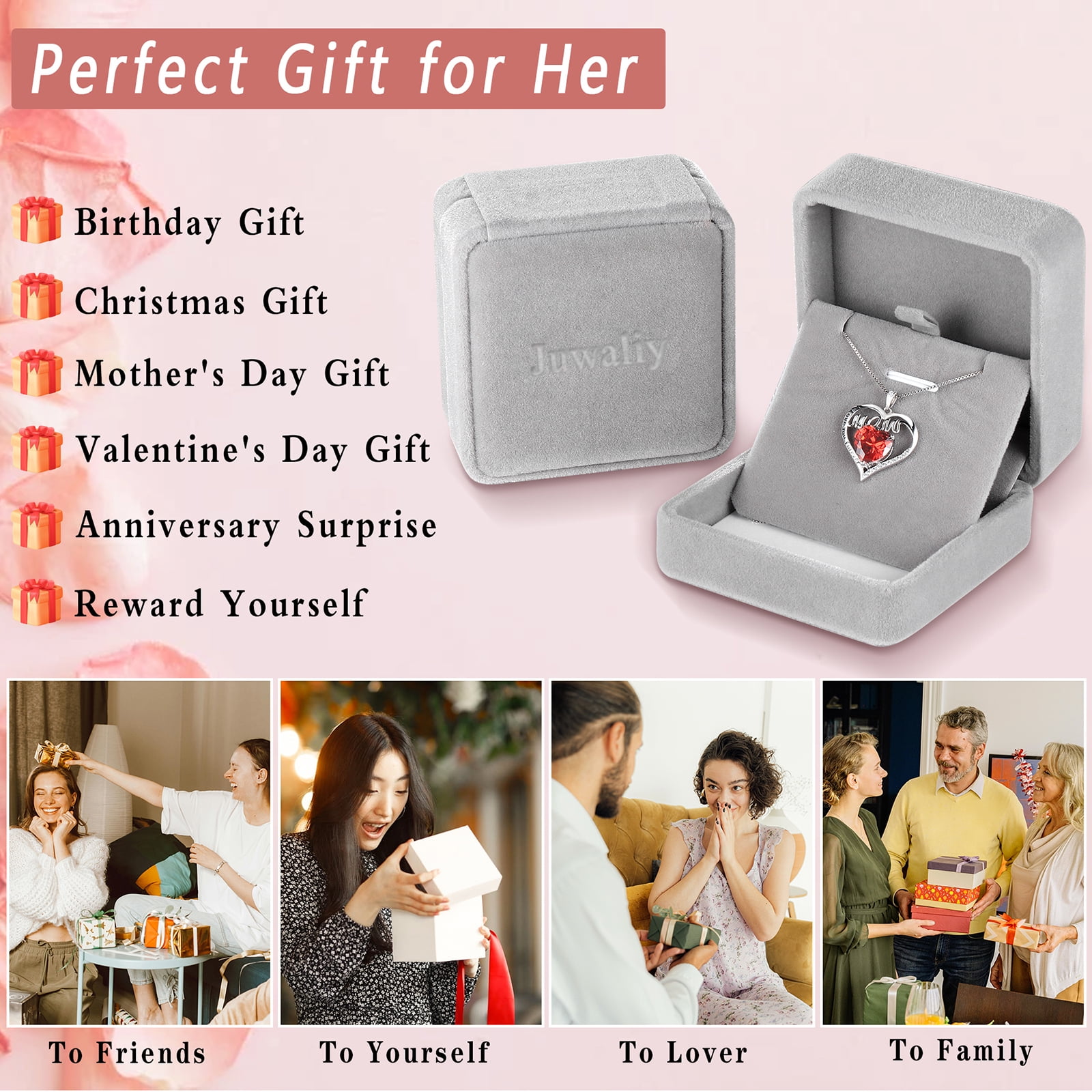 Juwaliy Mom Necklace Heart July Birthstone Necklace Ruby Red 925 Sterling Silver Pendant Jewelry Women Grandma Christmas Birthday Mother's Day Gifts
