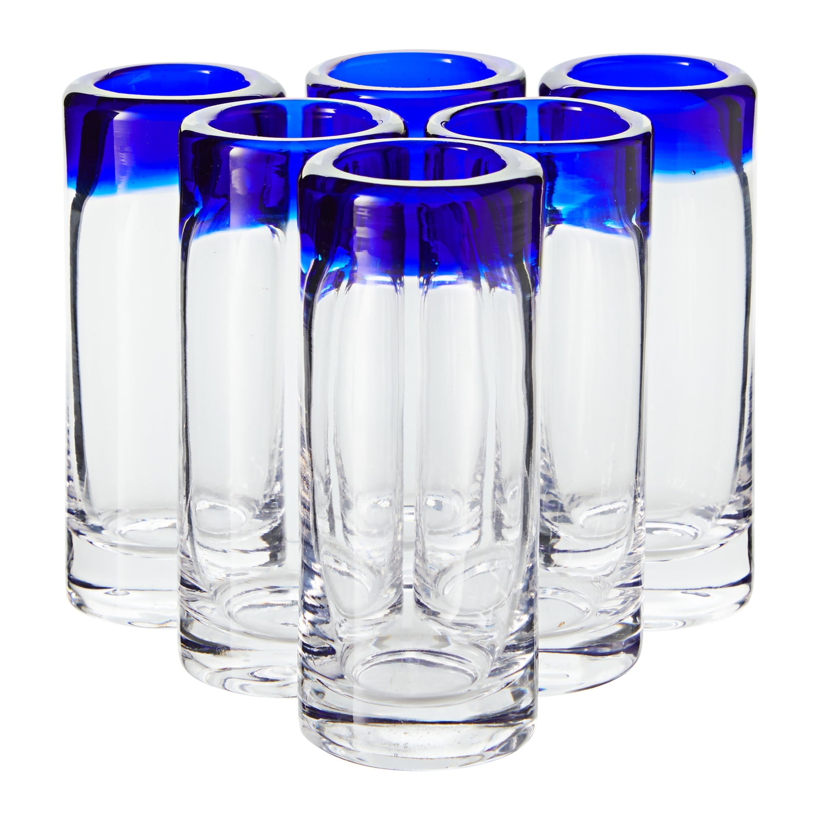 Set of 6 Hand Blown Mexican Double Shot Glasses, 2oz Cobalt Blue Rim