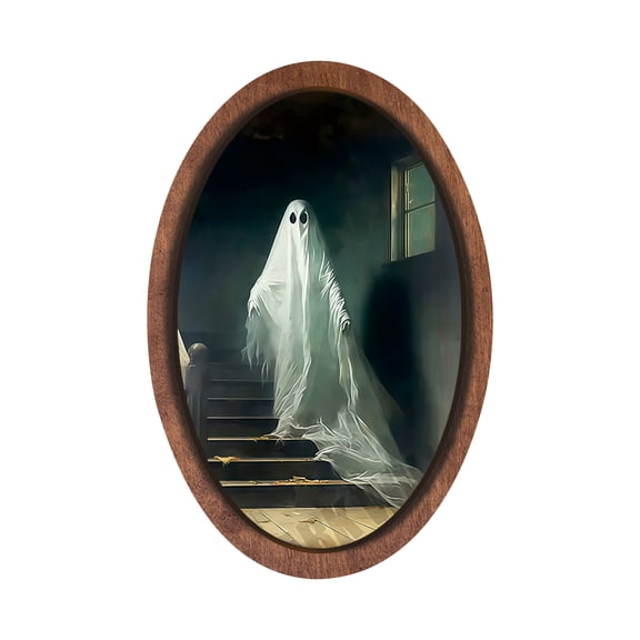 Framed Wall Art Vintage Ghost Halloween Print Wooden Oval Frame Spooky Gothic Hanging Decor for Home Office Library