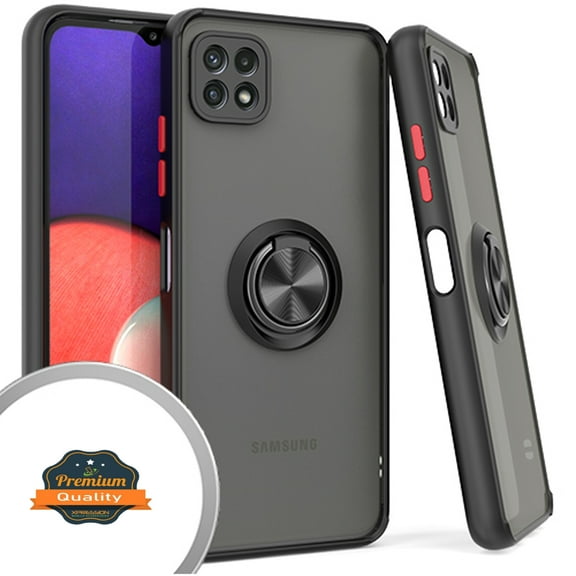 Xpression Case for Samsung Galaxy A22 Finger Ring Stand Holder Kickstand Hybrid Frosted Matte TPU Hard PC Frame Shock-Absorption Ultra Thin Phone Cover [Black]