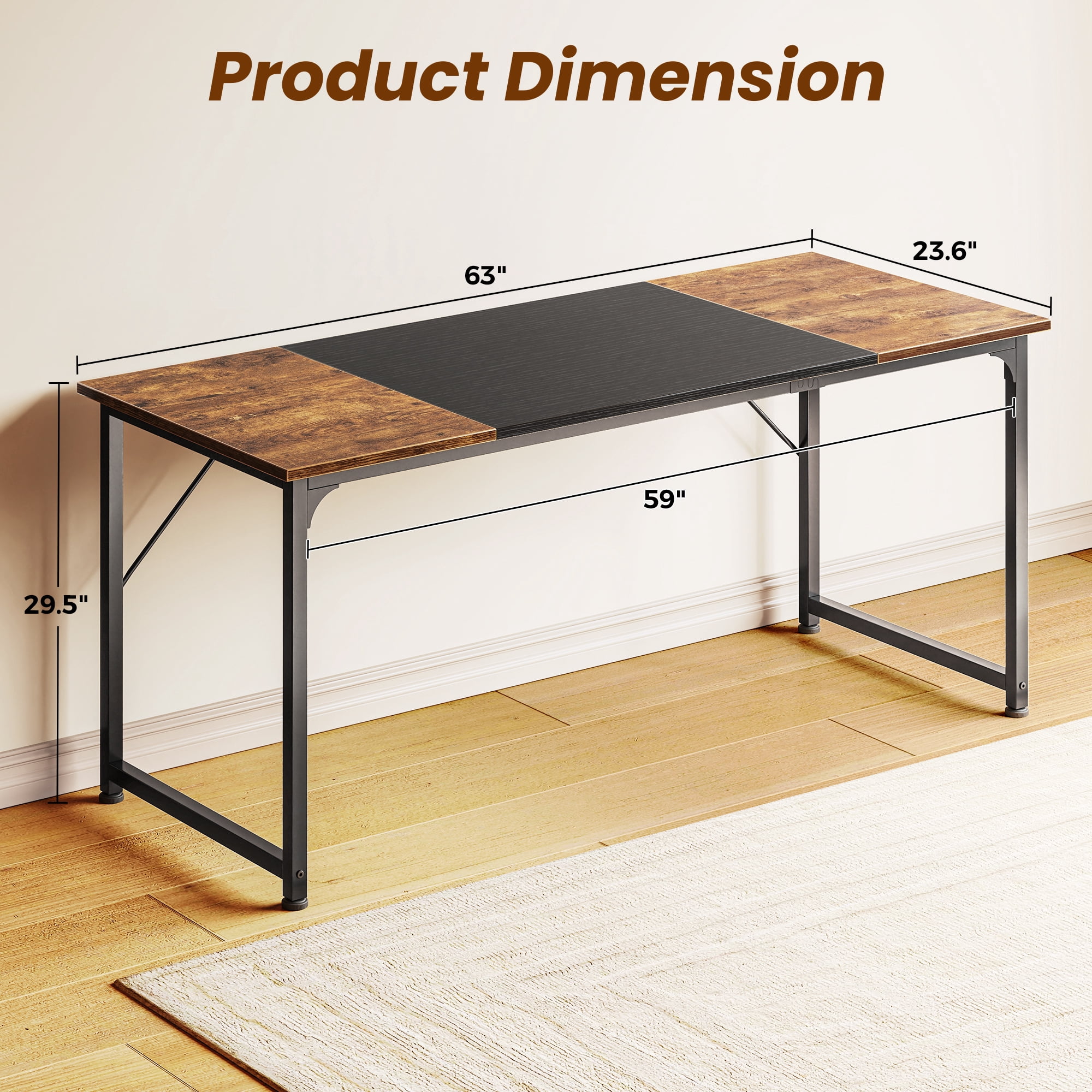 63" Computer Desk, Modern Office, Study & Gaming Desk with Storage, Large Legroom, Sturdy Metal Frame