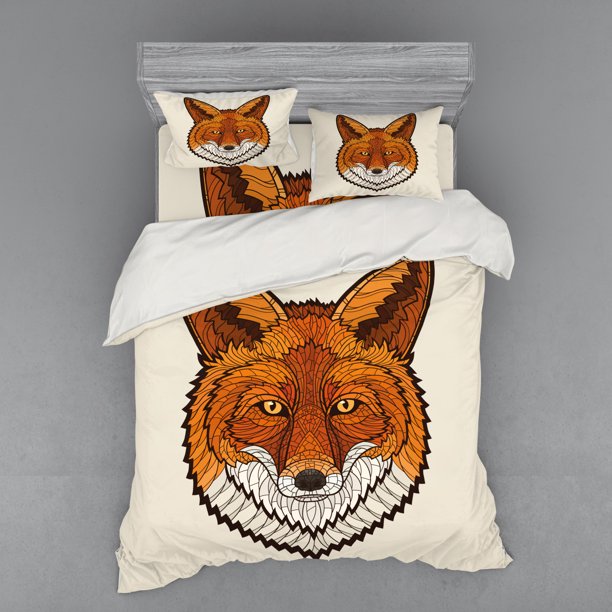 Fox Duvet Cover Set, Wild Fox Portrait in Mosaic Inspired Style Furry