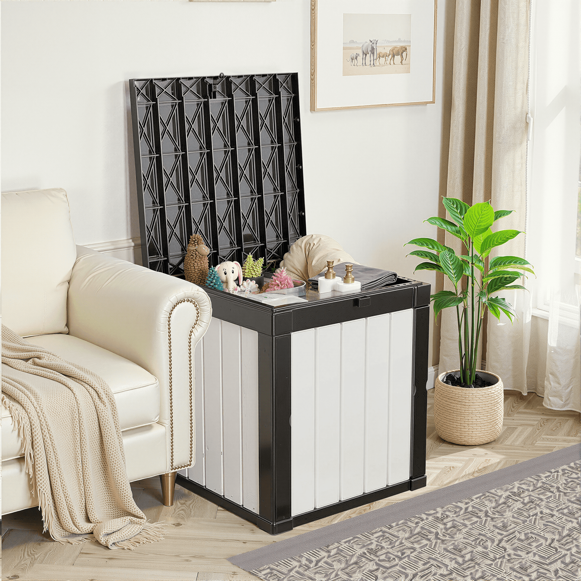 MAYEERTY 50 Gallon Outdoor Deck Box, Large Capacity Storage Box for Patio Furniture Cushions, Pillow with Wheels, Black+White