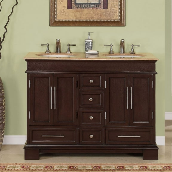 48-inch Double-sink Bathroom Vanity With Cabinet In Travertine Top - Dark Walnut - Silkroad Exclusive