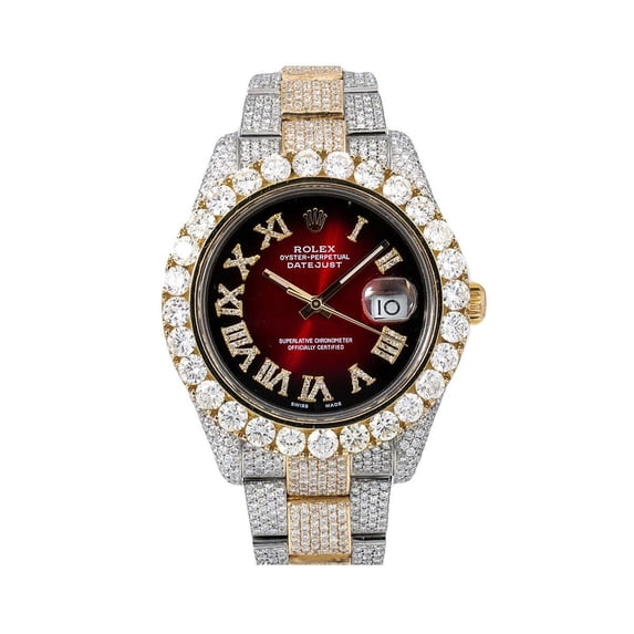 Pre-Owned Rolex Datejust II 41MM 116333 Red Roman Diamond Dial Diamond Bezel Two Tone Yellow Gold Full Diamond Oyster Bracelet 25.75ct