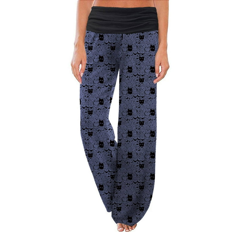 JWZUY Women's Boho Comfy Pajama Pants Wide Leg Lounge Palazzo Yoga Pants  Stretch Casual Floral Print Fold Waist Pants Navy M 