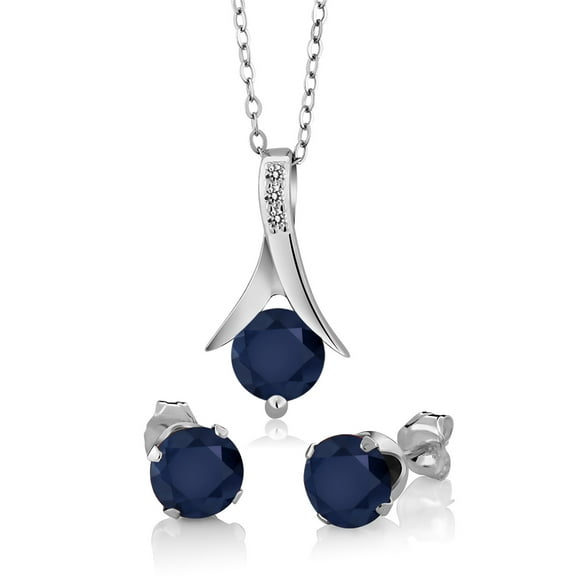 Gem Stone King 925 Sterling Silver Blue Sapphire and White Diamond Pendant and Earrings Jewelry Set for Women (3.05 Cttw, with 18 inch Silver Chain)