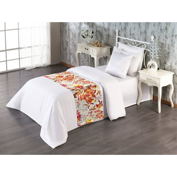 Aquarelle Floral Bed Runner, Modern Watercolor Silhouettes of Flowers Boho with Leafy Pattern, Decorative Accent Bedding Scarf for Hotels Homes & Guest Rooms, Twin, Vermilion Dark Coral, by Ambesonne