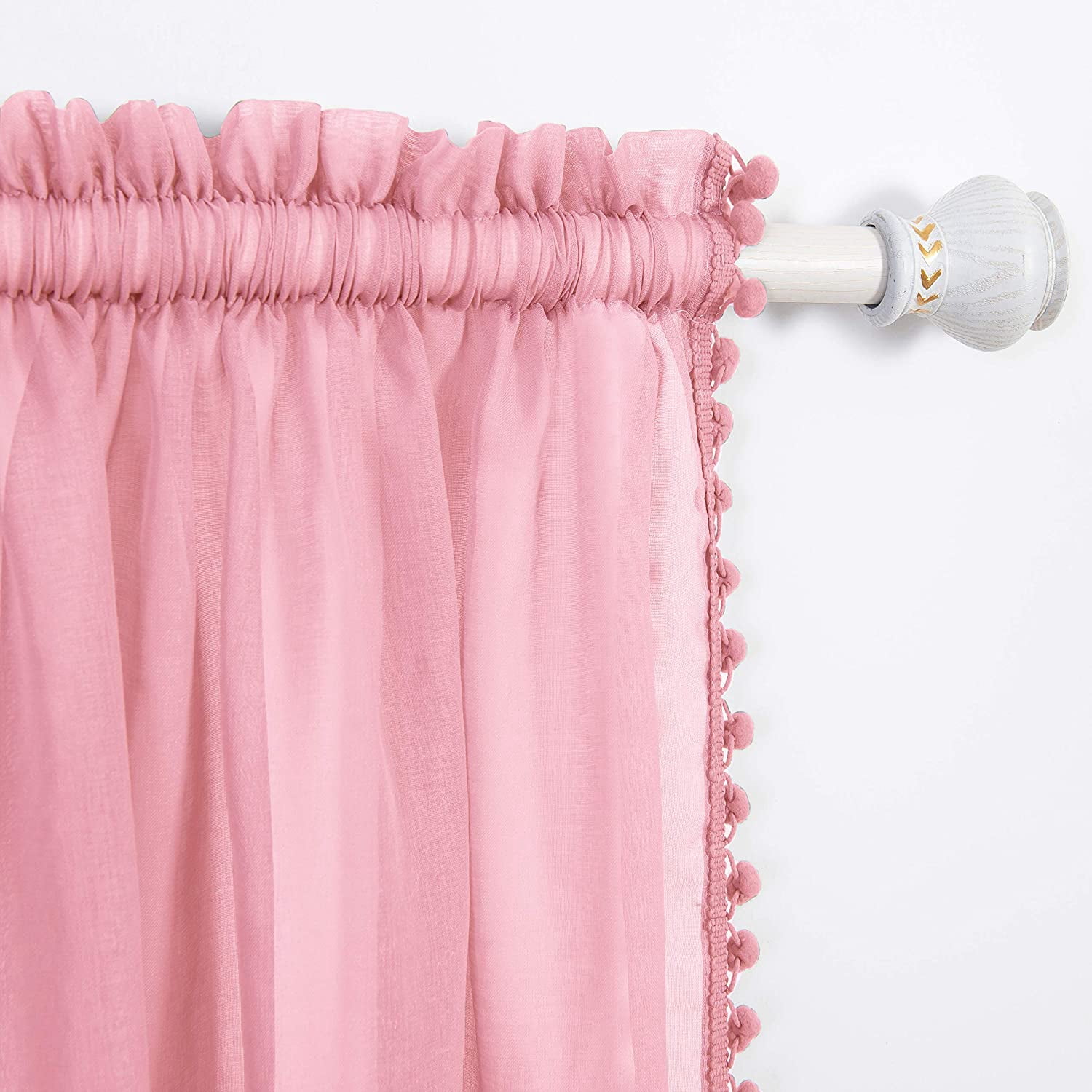 Pom Pom Tassled Sheer Curtain/Panel with 2" Rod Pocket-Set of 2 Curtain Panels,Bedroom