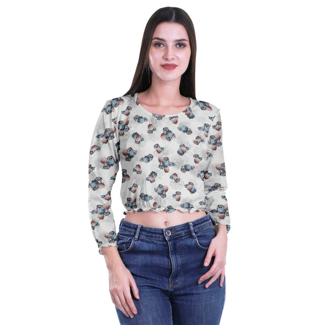 Moomaya Crop Tops à Col Rond pour Femmes Blouses en Jersey de Coton Imprimées T-Shirt