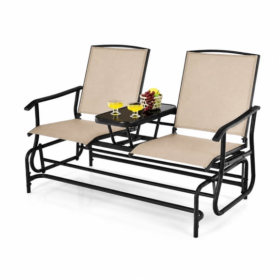 Furnibear 2 Person Outdoor Rocking Loveseat Patio Double Glider Chair with Breathable Mesh Fabric and Center Tempered Glass Table, Beige