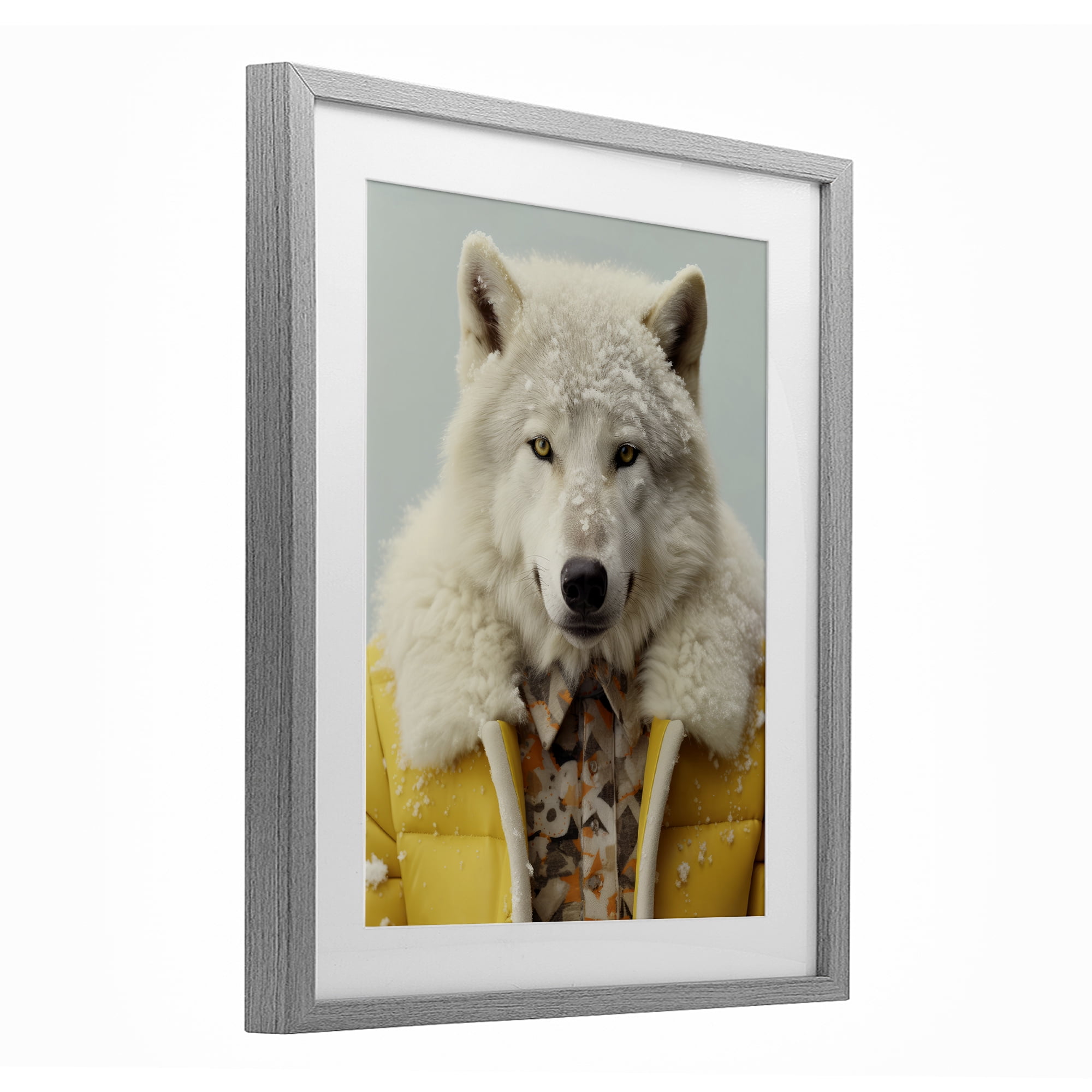 Stupell Industries Snow Wolf Yellow Jacket Gray Framed Print Under Glass, design by Ray Powers