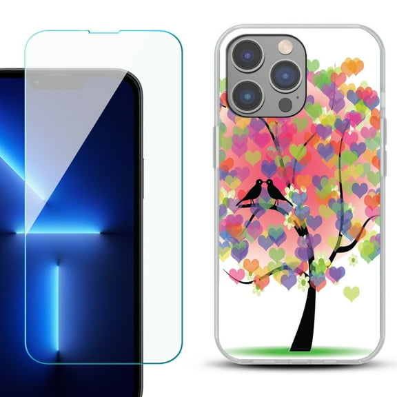Slim-Fit Gel TPU Phone Case for iPhone 14 Pro Max, with Tempered Glass Screen Protector, by OneToughShield ® - Color Hearts Tree