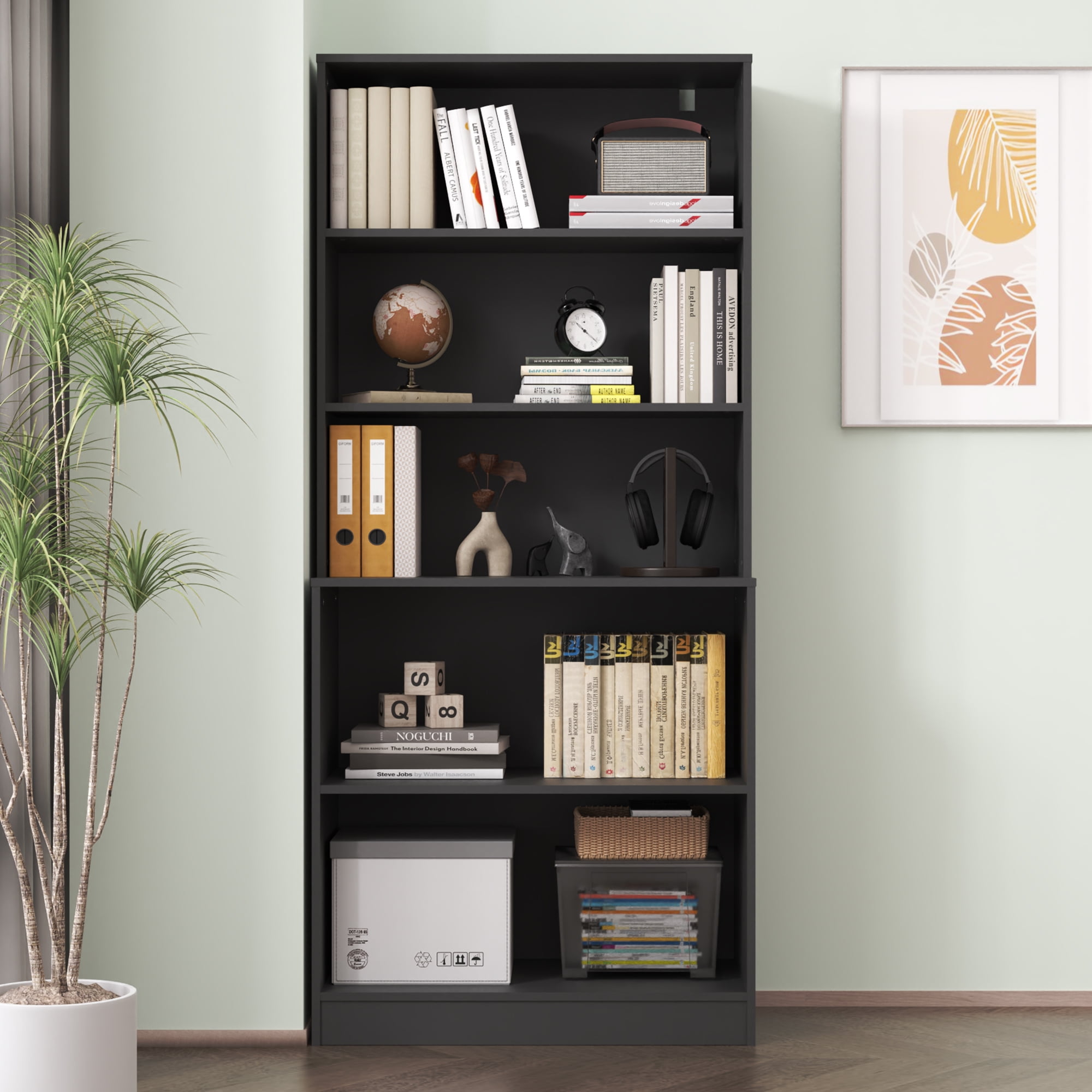DIYART Black 71" Tall Bookcase, 5 Tier Large Bookshelf, Standing Wood Display Book Shelf for Living Room, Office, Library