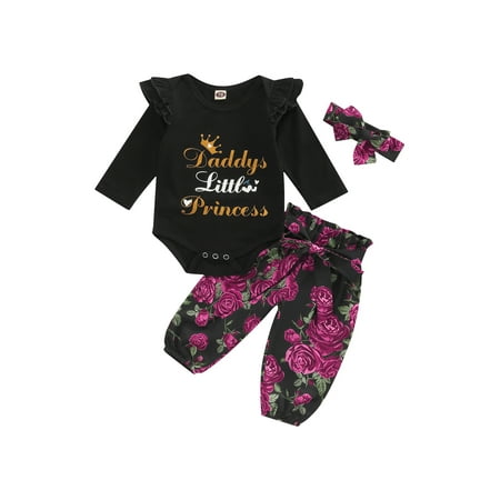 

Daddys Little Princess 3Pcs Baby Girl Fall Outfits Long Sleeve Ruffle Romper + Floral Pants + Headband Set