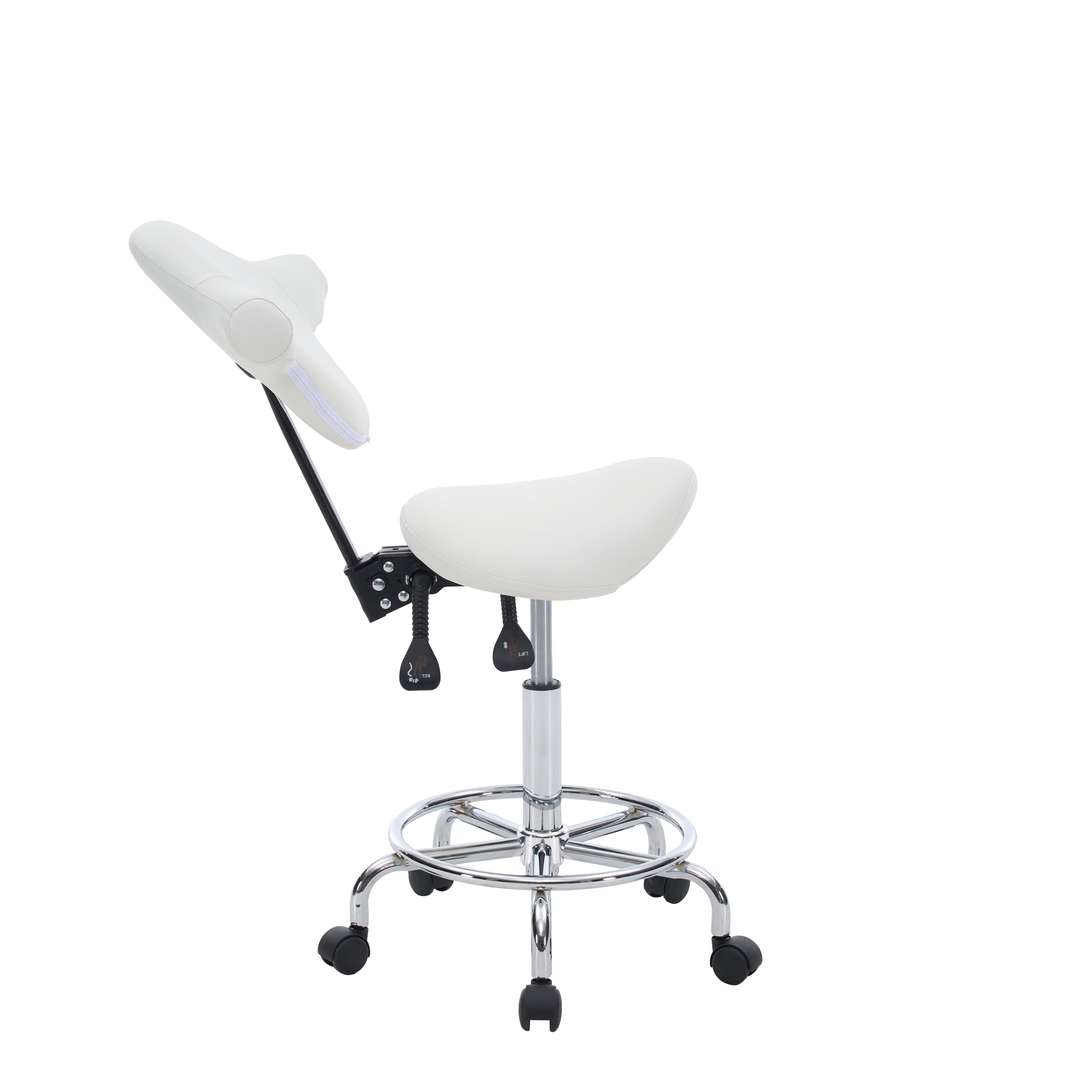 Ergonomic Saddle Stool with 360-Degree Rotation Rollerblade Wheels Easy 16-Minute Assembly White Salon Chair
