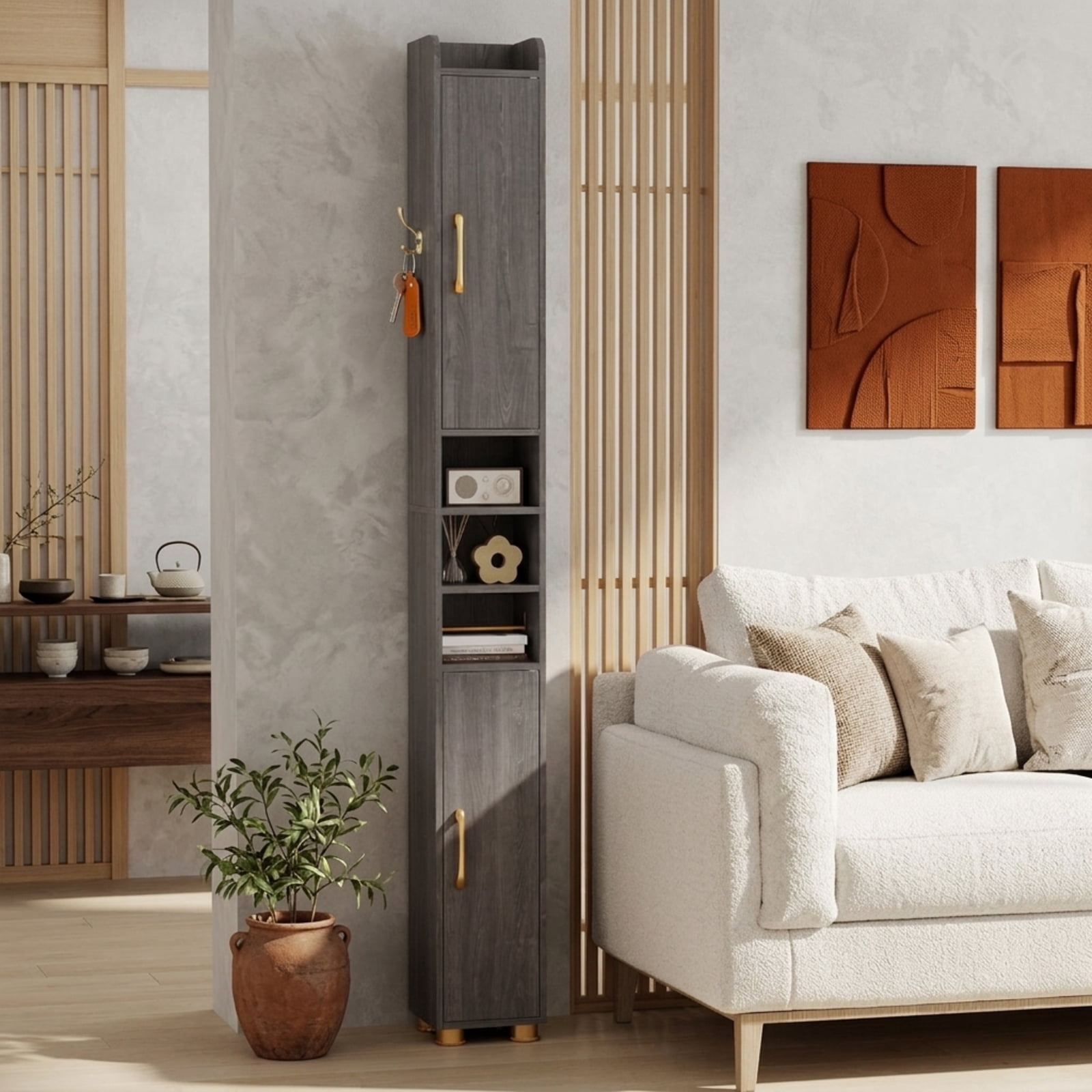 Vebreda Narrow Bathroom Storage Cabinet, Tall Freestanding Slim Tower with 2 Closed Cabinets, Open Shelves and Toilet Paper Holder, Adjustable Shelves, Hook and Golden Handles, Gray