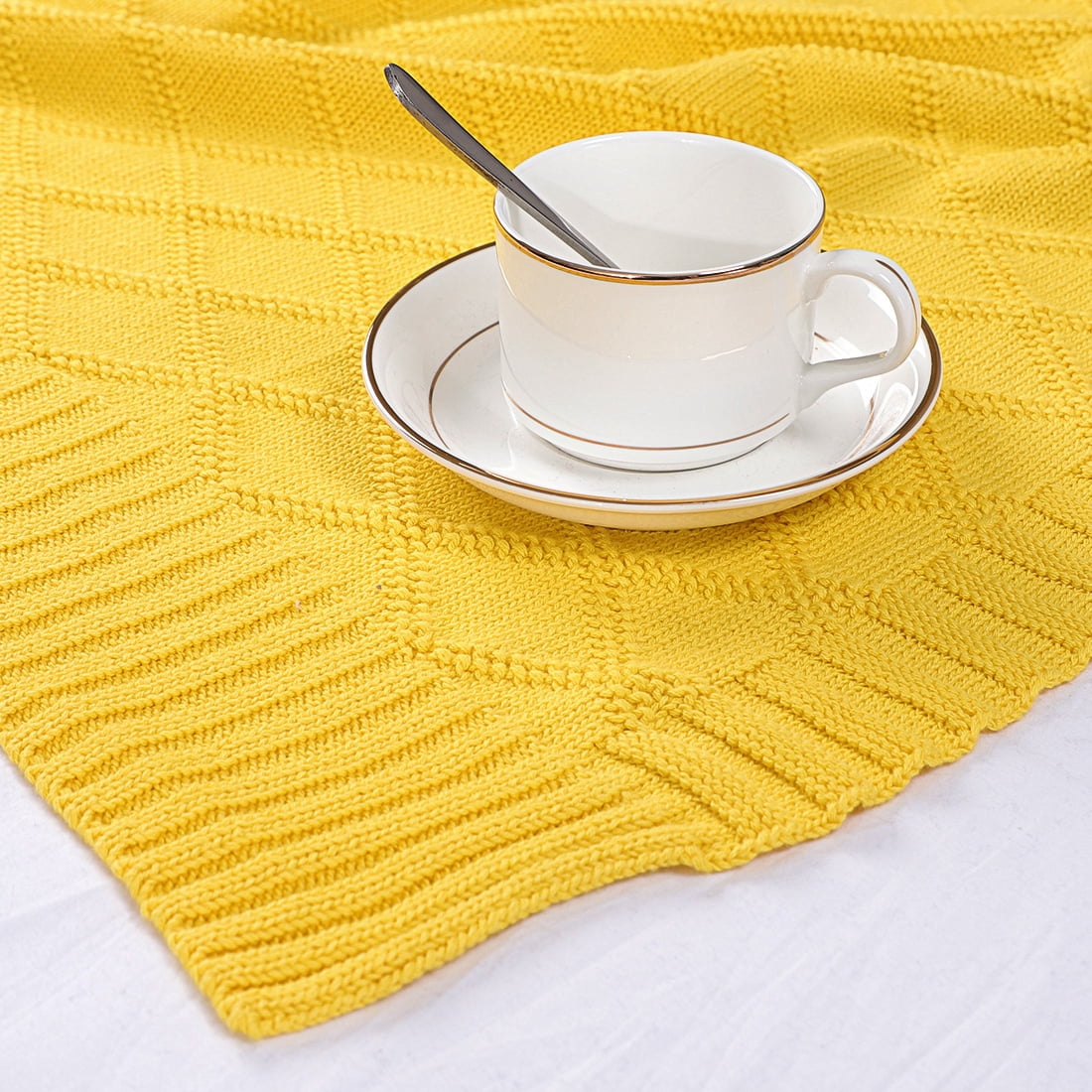 Unique Bargains  100% Cotton Cable Knit Throw Blanket Yellow 50" x 60"